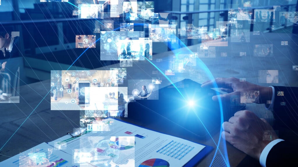 Visual contents concept. Social networking service. Streaming video. communication network.